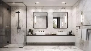 Salle-de-bain en quartz blanc réalisé par MARBRERIE BIJOTAT – et si le confort devenait stylé ?